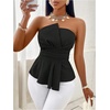image:imageGORGLITTER Womens Babydoll Strapless Blazer Top Asymmetrical Ruched Smocked Slim Fit Tube Top Business Elegant Party OutfitsBlack