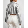 image:imageGORGLITTER Womens Cropped Faux Leather Jacket Y2k Long Sleeve Open Front Cardigan Bomber Moto Biker Jackets Rave OutfitsSilver