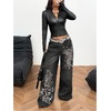 image:imageGORGLITTER Womens Cropped Leather Jacket Y2K Fitted Motorcycle Outerwear Zip Up Long Sleeve Coat Spring ClothesBlack
