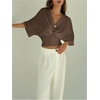 image:imageGORGLITTER Womens Dolman 34 Length Sleeve Cinched Waist Tops Ruched V Neck Blouses Summer Vacation Going Out OutfitsBrown