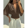 image:imageGORGLITTER Womens Dolman 34 Length Sleeve Cinched Waist Tops Ruched V Neck Blouses Summer Vacation Going Out OutfitsBrown