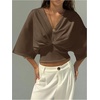 image:imageGORGLITTER Womens Dolman 34 Length Sleeve Cinched Waist Tops Ruched V Neck Blouses Summer Vacation Going Out OutfitsBrown
