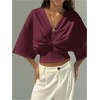 image:imageGORGLITTER Womens Dolman 34 Length Sleeve Cinched Waist Tops Ruched V Neck Blouses Summer Vacation Going Out OutfitsBurgundy