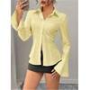 image:imageGORGLITTER Womens Fitted Button Up Shirt Cinched Waist Bell Sleeve Blouses Dressy Collar Neck Business Casual OutfitsYellow