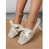 image:imageGORGLITTER Womens Floral Lace Mesh Ballet Flats Comfortable Dressy Square Closed Toe Bow Ballerina Dress ShoesBeige