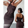 image:imageGORGLITTER Womens Halter Neck Midi Dress with Scarf Cocktail Off Shoulder Asymmetrical Date Night Formal Birthday DressChocolate Brown