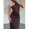 image:imageGORGLITTER Womens Halter Neck Midi Dress with Scarf Cocktail Off Shoulder Asymmetrical Date Night Formal Birthday DressChocolate Brown