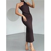 image:imageGORGLITTER Womens Halter Neck Midi Dress with Scarf Cocktail Off Shoulder Asymmetrical Date Night Formal Birthday DressChocolate Brown