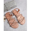 image:imageGORGLITTER Womens Rhinestone Strappy Sparkly Sandals Leather Open Toe Ankle Strap Flat Sequin Sandals Wedding Dressy ShoesChampagne