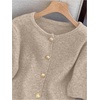 image:imageGORGLITTER Womens Short Sleeve Cardigan Sweater Trendy Fall 2025 Dressy Cute Button Up Lightweight Cable Knit CardiganKhaki