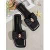 image:imageGORGLITTER Womens Straw Flat Sandals Summer Beach Cute Braided Square Toe Strappy Raffia Metal Slip On Slide SandalsBlack