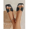 image:imageGORGLITTER Womens Straw Flat Sandals Summer Beach Cute Braided Square Toe Strappy Raffia Metal Slip On Slide SandalsBlack