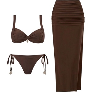 image:imageGORGLITTER Womens 3 Piece Swimsuits Summer High Waisted Bathing Suits with Beach Sarong Coverup Skirts Bikini SetsBrown