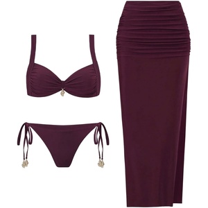 image:imageGORGLITTER Womens 3 Piece Swimsuits Summer High Waisted Bathing Suits with Beach Sarong Coverup Skirts Bikini SetsRedwood
