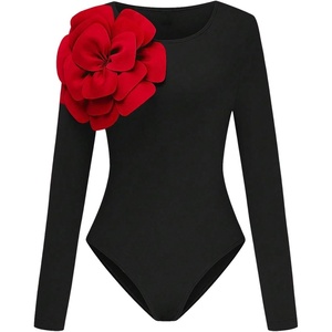 image:imageGORGLITTER Womens 3D Floral Long Sleeve Bodysuit Round Neck Casual Holiday Party Outfits TopsBlack and Red