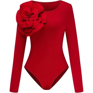 image:imageGORGLITTER Womens 3D Floral Long Sleeve Bodysuit Round Neck Casual Holiday Party Outfits TopsRed
