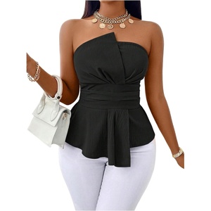 image:imageGORGLITTER Womens Babydoll Strapless Blazer Top Asymmetrical Ruched Smocked Slim Fit Tube Top Business Elegant Party OutfitsBlack