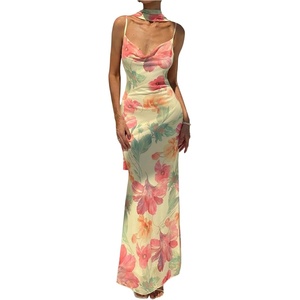 image:imageGORGLITTER Womens Backless Summer Dress with Neck Scarf Floral Mesh Open Back Cowl Neck Sleeveless Birthday Maxi DressPink
