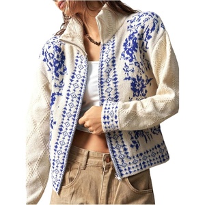 image:imageGORGLITTER Womens Bohemian Vintage Graphic Zip Up Cropped Cardigan High Neck Western Long Sleeve Knitwear TopsBlue and White