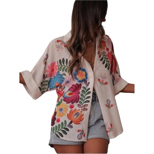 image:imageGORGLITTER Womens Boho Floral Print Tops Oversized Short Sleeve Button Down Collared Shirts Summer Western OutfitsWhite