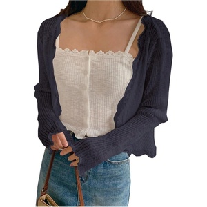 image:imageGORGLITTER Womens Button Up Lightweight Cardigan Sheer Lace Trim Long Sleeve Open Front Fall Knit TopsBlue