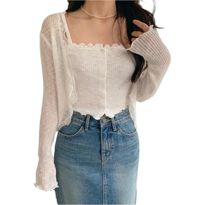 image:imageGORGLITTER Womens Button Up Lightweight Cardigan Sheer Lace Trim Long Sleeve Open Front Fall Knit TopsWhite