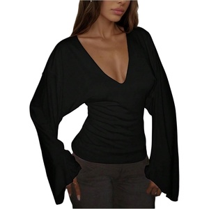 image:imageGORGLITTER Womens Cinched Waist Tops Bell Sleeve Deep V Neck Fitted Crop Top Going Out Tee ShirtsBlack