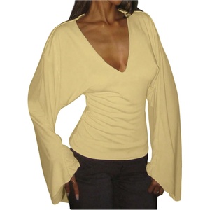 image:imageGORGLITTER Womens Cinched Waist Tops Bell Sleeve Deep V Neck Fitted Crop Top Going Out Tee ShirtsYellow
