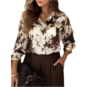 image:imageGORGLITTER Womens Cow Print Santin Blouses Long Sleeve Button Down Collared Shirts Dressy Casual Work Business OutfitsBrown and White