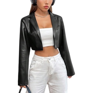 image:imageGORGLITTER Womens Cropped Faux Leather Jacket Y2k Long Sleeve Open Front Cardigan Bomber Moto Biker Jackets Rave OutfitsBlack