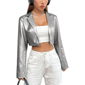 image:imageGORGLITTER Womens Cropped Faux Leather Jacket Y2k Long Sleeve Open Front Cardigan Bomber Moto Biker Jackets Rave OutfitsSilver