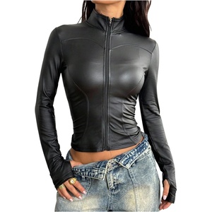 image:imageGORGLITTER Womens Cropped Leather Jacket Y2K Fitted Motorcycle Outerwear Zip Up Long Sleeve Coat Spring ClothesBlack