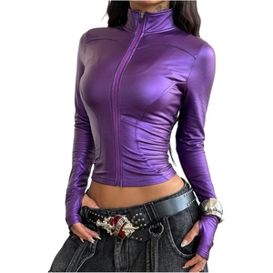 image:imageGORGLITTER Womens Cropped Leather Jacket Y2K Fitted Motorcycle Outerwear Zip Up Long Sleeve Coat Spring ClothesPurple