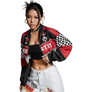 image:imageGORGLITTER Womens Cropped Varsity Jacket Zip Up 90s Outfits Bomber Jacket Y2k Graphic Motorcycle Coats F1 Racer JacketsBlack and Red