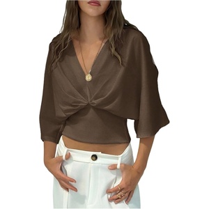 image:imageGORGLITTER Womens Dolman 34 Length Sleeve Cinched Waist Tops Ruched V Neck Blouses Summer Vacation Going Out OutfitsBrown