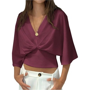 image:imageGORGLITTER Womens Dolman 34 Length Sleeve Cinched Waist Tops Ruched V Neck Blouses Summer Vacation Going Out OutfitsBurgundy