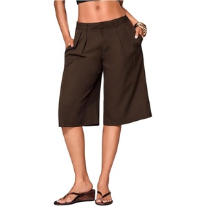 image:imageGORGLITTER Womens Dressy Wide Leg Dress Bermuda Shorts Casual Business Pleated High Waisted Summer Trouser ShortsBrown B