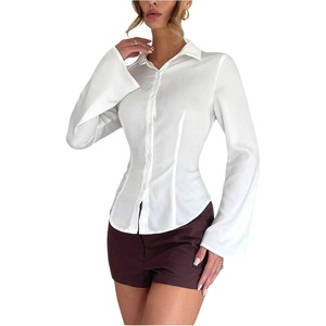 image:imageGORGLITTER Womens Fitted Button Up Shirt Cinched Waist Bell Sleeve Blouses Dressy Collar Neck Business Casual OutfitsWhite
