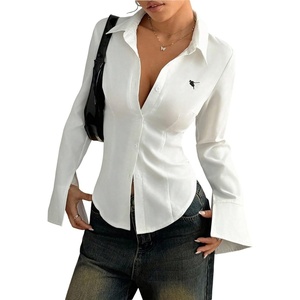 image:imageGORGLITTER Womens Fitted Button Up Shirt Cinched Waist Bell Sleeve Blouses Dressy Collar Neck Business Casual OutfitsWhite Horse