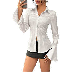 image:imageGORGLITTER Womens Fitted Button Up Shirt Cinched Waist Bell Sleeve Blouses Dressy Collar Neck Business Casual OutfitsWhite Striped