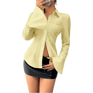 image:imageGORGLITTER Womens Fitted Button Up Shirt Cinched Waist Bell Sleeve Blouses Dressy Collar Neck Business Casual OutfitsYellow
