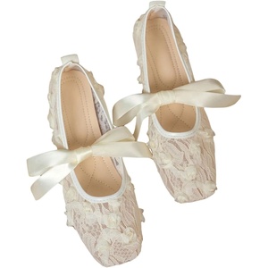 image:imageGORGLITTER Womens Floral Lace Mesh Ballet Flats Comfortable Dressy Square Closed Toe Bow Ballerina Dress ShoesBeige
