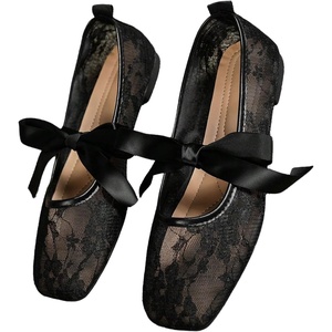 image:imageGORGLITTER Womens Floral Lace Mesh Ballet Flats Comfortable Dressy Square Closed Toe Bow Ballerina Dress ShoesBlack