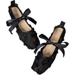 image:imageGORGLITTER Womens Floral Lace Mesh Ballet Flats Comfortable Dressy Square Closed Toe Bow Ballerina Dress ShoesBlack Flower