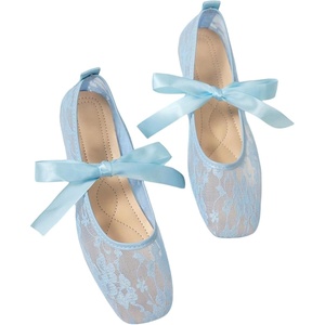 image:imageGORGLITTER Womens Floral Lace Mesh Ballet Flats Comfortable Dressy Square Closed Toe Bow Ballerina Dress ShoesBlue