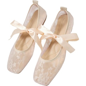 image:imageGORGLITTER Womens Floral Lace Mesh Ballet Flats Comfortable Dressy Square Closed Toe Bow Ballerina Dress ShoesKhaki