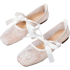 image:imageGORGLITTER Womens Floral Lace Mesh Ballet Flats Comfortable Dressy Square Closed Toe Bow Ballerina Dress ShoesWhite Flower
