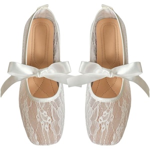 image:imageGORGLITTER Womens Floral Lace Mesh Ballet Flats Comfortable Dressy Square Closed Toe Bow Ballerina Dress ShoesWhite Knot