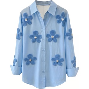 image:imageGORGLITTER Womens Floral Striped Long Sleeve Shirt Dressy Rhinestone Button Up Shirt Collared Blouses Business CasualBlue