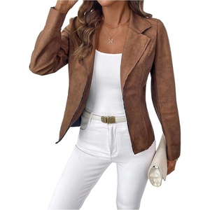 image:imageGORGLITTER Womens Going Out Jackets Outfits Faux Suede Jackets Trendy Long Sleeve Collar Leather Open Front Blazer CoatBrown